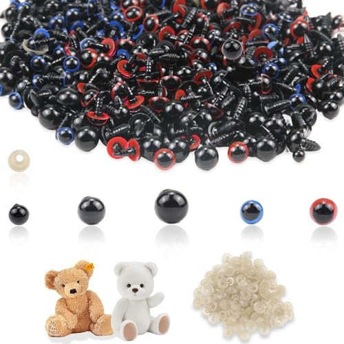 RYAN Sicherheitsaugen für Häkeltiere 1000 Stück Sicherheitsaugen mit Unterlegscheiben 6mm/8mm/9mm/10mm/12mm Amigurumi Bastelaugen Halbperlen Schwarz für Puppenherstellung Spielzeuge Zubehör DIY