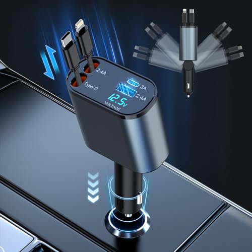 Retractable Car Charger 100W 4 in 1 Car Charger Adapter with Type-C & Ligning Retractable Cables and 2 USB Ports, Electric Car Charger for iPhone 15 14 13 12 Pro Max Plus/Samsung Galaxy/Huawei/Xiaomi