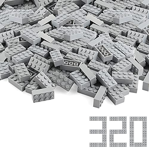 Feleph 2x4 Bausteine 320 Stück Classic Steine Set hellgraue für Kinder Basic Parts Teile, Baukasten, kreative Spielblöcke, Spielzeugzubehör 3001 (hellgraue)