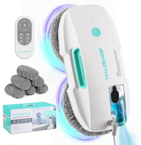 HAUSHOF Robot lavavetri 3800Pa telecomandato, Robot per pulire finestre spruzzo d'acqua automatico, pianificazione del percorso AI e rilevamento dei bordi di grattacieli, porte di vetro