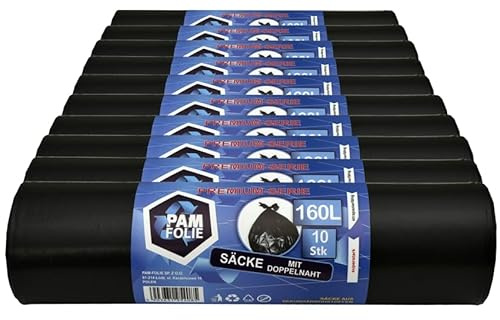 PAM-FOLIE Müllsäcke 160L - 100 Stück - Set - Dicke, Große Abfallsäcke, Premium - 90x110cm - 40µm - schwarzer Müllbeutel - Bauschuttsäcke - Säcke für Bauschutt Abfalls