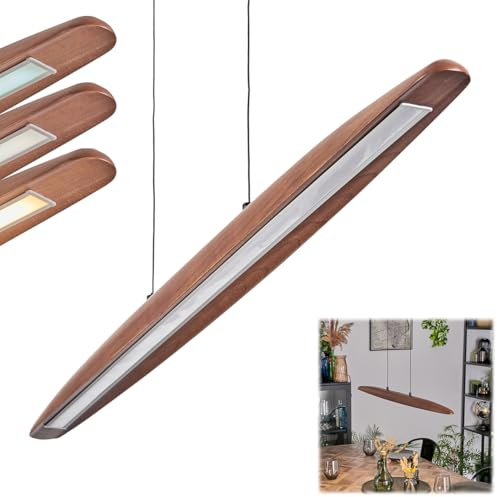 HOFSTEIN LED Pendelleuchte Fugelsta, dimmbare Pendellampe aus Metall/Holz/Kunststoff in Schwarz/Holz/Wedunkeliß, Hängeleuchte Retro mit Holzbalken und Touchdimmer, CCT, max. 148,8cm, Esszimmer, Küche
