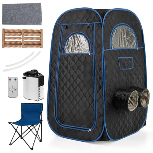 RELAX4LIFE Portable Steam Sauna, Folding Personal Full Body Home Sauna Tent with 1000W 3L Steam Generator, Remote Control, Foot Massager & Foldable Chair, Slimming Detox Therapy Pop-up Cabin (Black)