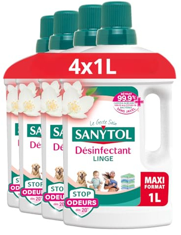Sanytol - Désinfectant Linge Stop Odeurs - Parfum Fleurs Blanches - 4 x 1L - Bactéricide, Virucide - Sans Javel - Préserve Fibres et Couleurs à Toutes Températures