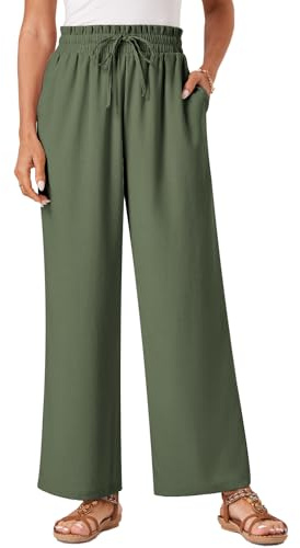 Glacspyg Damen Hosen Casual Flowy Wide Leg Freizeithose High Waisted Kordelzug Palazzo Hosen mit Taschen Graugrün L