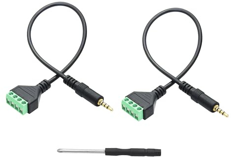 3,5 mm ljudterminalblock-kabel 30 cm, förgylld TRRS (1/8 tum stereokontakt) till 4-polig lödfri klämuttag (skruvklämma), ljudadapterkabel inkl. skruvmejsel – 2 stycken