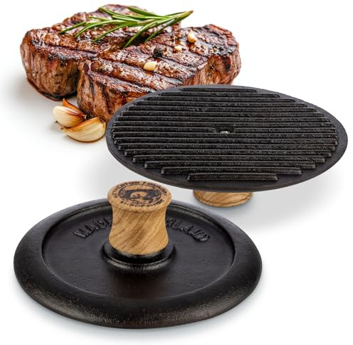 Grill Press and Steak Weight - 7.25” Round Heavy-Duty Cast Iron Burger Press with Wood Handle - Pre-Seasoned Griddle Accessories for Steaks, Burgers, and Bacon - Kitchen Gadgets by Classic Cuisine