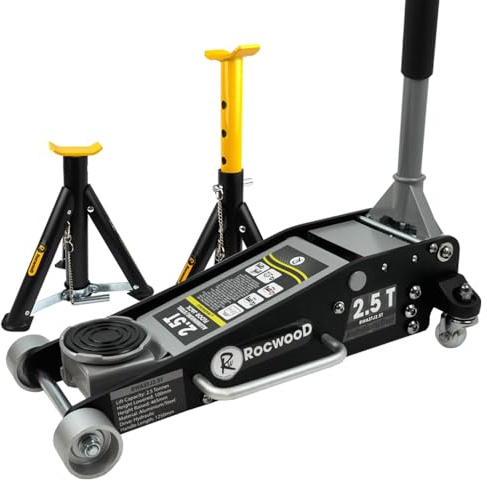 2.5 Ton Hydraulic Low Profile Floor Jack & Folding Axle Stands RocwooD Aluminium Heavy Duty Car Trolley Jack Lift 100mm – 465mm Lifting Range Dual Piston Pump Wheels Non-slip Handle