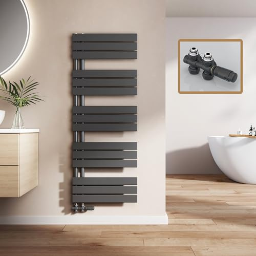 EMKE Badheizkörper mit Multiblock 1320x500 mm, Flach Handtuchheizkörper mit Seitenanschluss, Effizienter Handtuchwärmer Handtuchtrockner Heizkörper für Bad, Schwarz, 661W