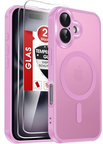 LeYi Cover Magnetica per iPhone 16 con 2 Pezzi Vetro Temperato(Rosa) | Custodia per iPhone 16 Traslucida Opaca Anti-Impronte Resistente ai Graffi Paraurti in TPU Antiurto Protettiva Case 6,1''