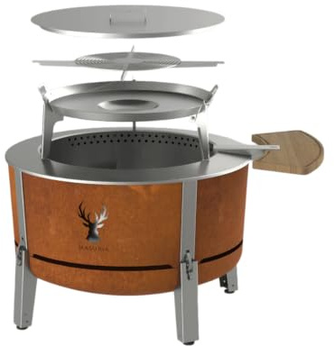 Masuria Rökfri eldskål 80 cm ⌀ Alpha 800 – med krukors, bar, plancha, lock – tillverkad i EU – bärbar eldtunna av rostfritt stål och cortenstål