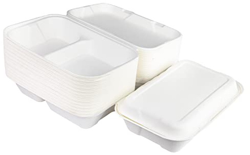 Love Nature Menübox Einweg 2 geteilt mit Klappdeckel - 50 Stück To Go Boxen | Einweggeschirr Menüboxen 2-geteilt aus Zuckerrohr Take Away Box Verpackung