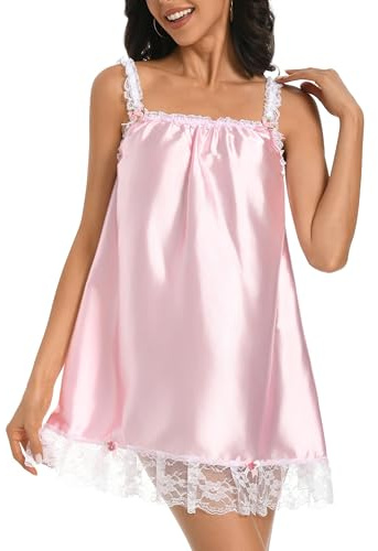 Satini Underkläder Siden Sissy Babydoll Volanger Utsmyckad Spets Underkjol Nattkläder (Babyrosa, L)