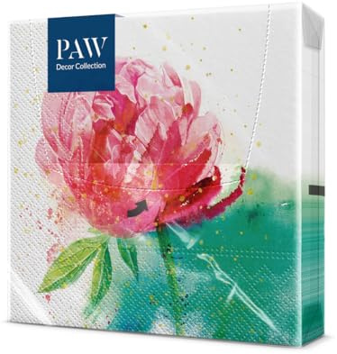 PAW - Servilletas Papel 3 Capas (33 x 33 cm) I 20 Unidades I Perfecto para Cumpleaños, Fiestas, Bodas, Comuniones y Celebraciones I Decoración de Mesa Elegantes I Peonía Acuarela
