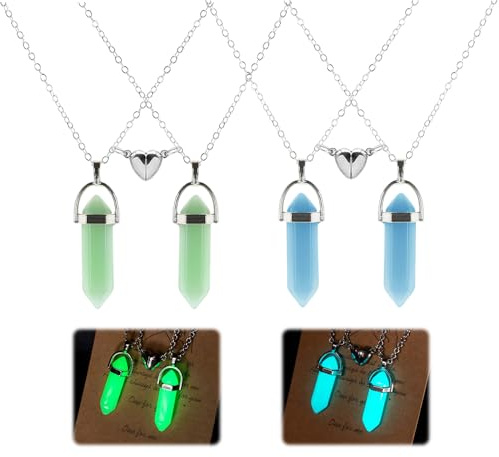 ChAusa 2 Stück Bergkristall Kette, Leuchtende Naturstein Hexagon Kristall | Halskette Magnetische Paar Herz Abstand Choker Energie Edelstein Schmuck für Frauen Männer Heilkristall Natürlichen