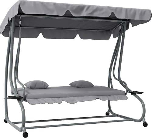 DecHome - Dondolo da Giardino 3 Posti Reclinabile a Letto con Tettuccio Parasole e Portabicchieri in Metallo Dimensioni 200x120x164 cm Colore Grigio