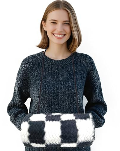 SwirlColor Manguitos Mujer, Diseño de Bolsillo con Correa Calentador de la Mano Muff de Piel Sintética - Cuadrícula en blanco y negro