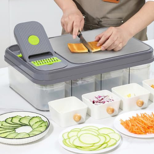 Tabla de cortar XXL con bandeja colectora y tapa, tabla de cocina multifuncional de plástico, cortador de verduras, cortador de frutas, cortador de dados, 28 piezas, 10 cuchillas de acero inoxidable,