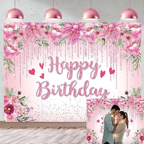 Toile de fond « Happy Birthday » - Fleurs roses - Décorations d'anniversaire pour photographie - Paillettes florales - Bannière de fête pour filles et femmes - Pour mariage, fête prénatale