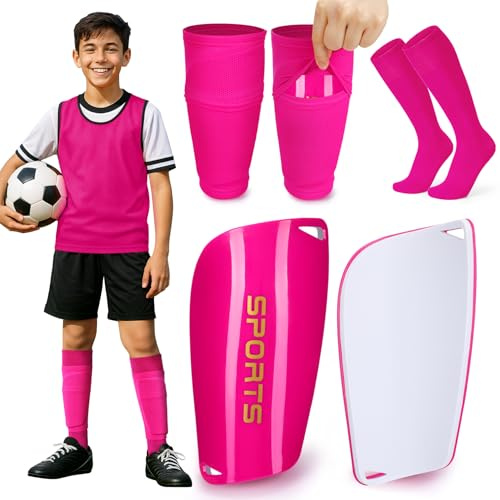 XZQTIVE Soccer Shin Guards with Shin Sleeves and Soccer Socks, Football Shin Pads Set for Kids Youth and Adult,Pink