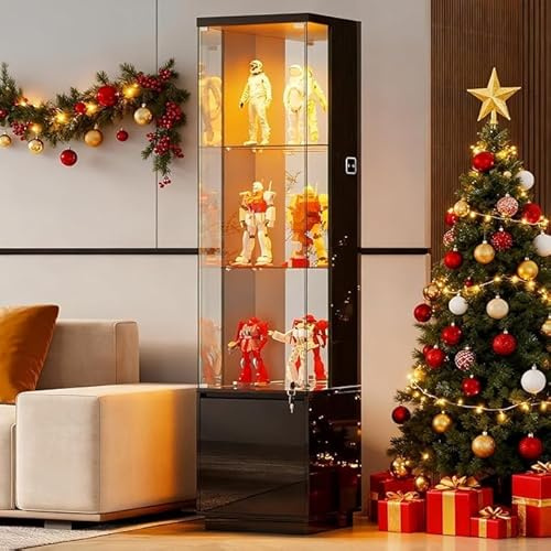 Gurexl Vitrine mit LED-Beleuchtung und Cabinet,Glasvitrine mit Körpersensor-System und Abschließbare Glastüren,Hochglanzfront Eckvitrine W400xD380xH1650mm,für Wohnzimmer, Büro, Bücher,Schwarz
