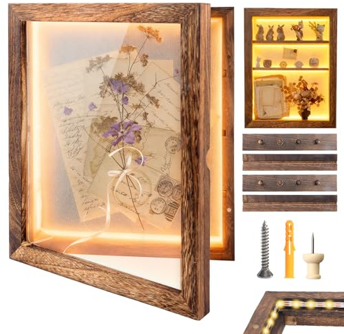Shadow Box 14x11 Brown Picture Frames Display Cases with LED Light,Memory Keepsakes Boxes with 4 Removable Trinket Shelf,for Anniversary Wedding Baby Graduates Memorial Collect Deep Brown