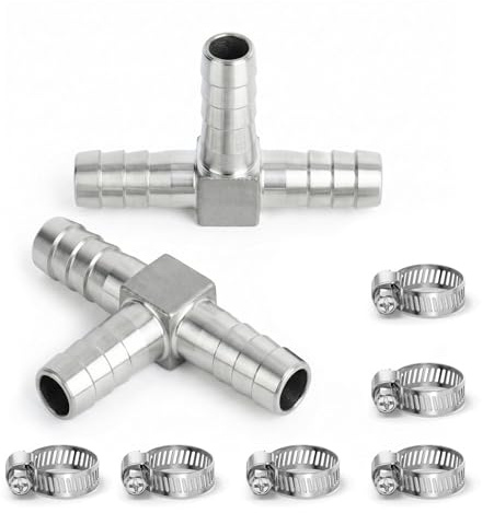 TAILONZ PNEUMATIC Racor en T de 3 vías con espiga para manguera de acero inoxidable 304 de 8 mm (paquete de 2) | Distribución en forma de T de 3 vías, púas para un agarre seguro, agua/aire/combustible.