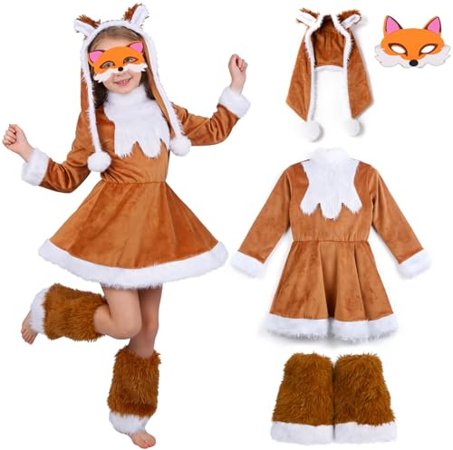 Moiuguli Costume da Volpe per Bambini, Cappello, Vestito per Scarpe, Maschera per il Viso, Costume da Volpe per Carnevale per Bambini e Ragazze