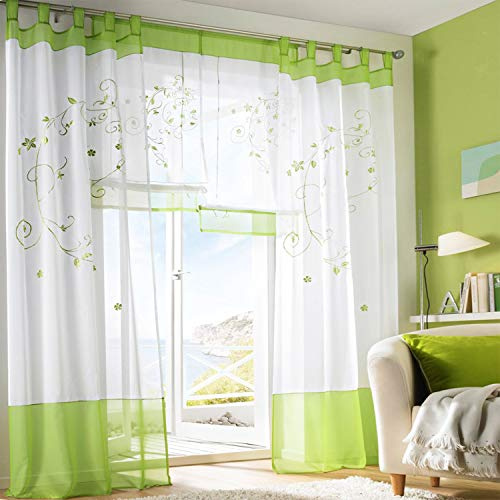 SIMPVALE Vorhänge mit Blumen Muster, Schlaufenschal 2er Set, Stickerei Voile Vorhang Transparent, Stores Gardine für Wohnzimmer, Balkon Schlafzimmer, Weiß mit Grün, Breite 140 Höhe 175 pro Stück
