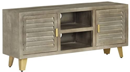 vidaXL Meuble TV Bois Solide de manguier Gris avec Laiton 110x30x48 cm
