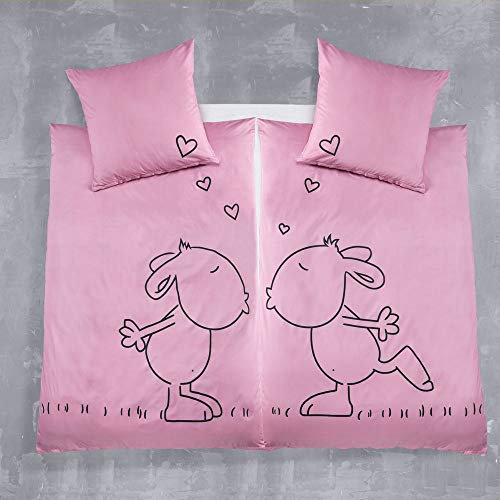 Kuscheli® 4-teilig Partner Bettwäsche 135x200 mit 80x80 Kissenbezug | ÖkoTex Zertifiziert | seidig weich, Mikrofaser Bettwäsche für Paare, Farbe:Kuss rosa, Größe:135x200 + 80x80