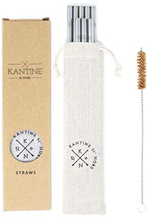 Kantine 51° Nord ® Edelstahl Strohhalme 8 Stück | gerade Trinkhalme mit Reinigungsbürste & Beutel perfekt für Cocktail, Eiskaffee oder Latte Macchiato