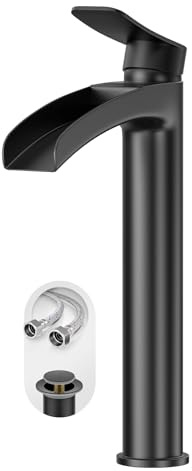 Phiestina Matte Black Tall Bathroom Vessel Sink Faucet, Waterfall Single Hole Single Handle Above Countertop Sink Bathroom Faucet, with Metal Pop Up Drain and Water Supply Lines, NS-SF01-MB-V