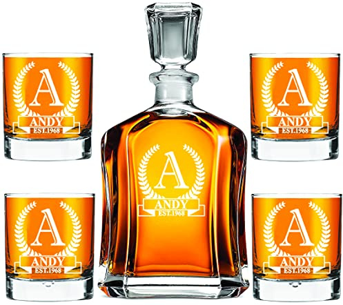 AIGAT specialgraverad personlig karaffuppsättning med 4 st. Whiskyglas 270 ml, karaffstorlek 700 ml/26 oz