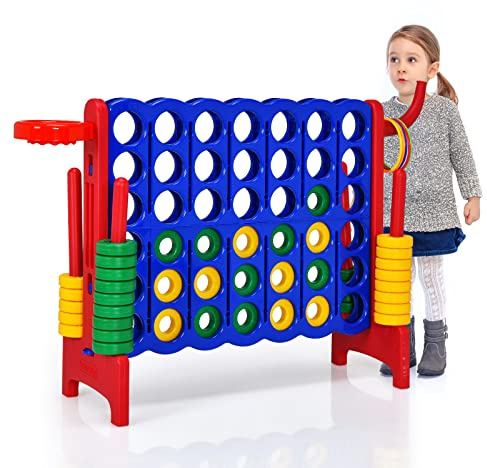 COSTWAY Conecta 4 Gigante, Mega 4 para Niños y Adultos, Juego de Exterior 74 cm con Canasta y Juego de Lanzamiento de Anillos, 42 Piezas Gigantes, Guida de Soltar Fácil (Rojo)