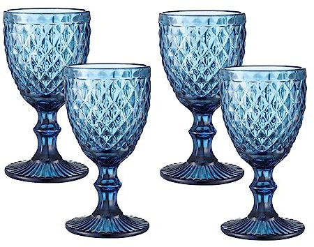 HIUHIU Verres À Vin Vintage Set of 4, 10oz Gobelets À Vin Colorés Verres À Eau Pied avec Motif Gaufré pour Mariage/Partie/Bar,Bleu,Diamonds