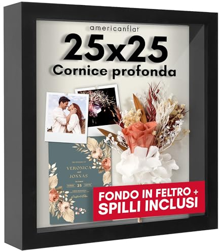 Americanflat Cornice Profonda per Oggetti 25x25 cm Nera - Cornice 3D Profonda con Vetro e Sfondo in Lino - Shadow Box in Legno MDF con Ganci per Parete o Tavolo