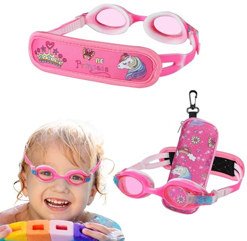 RUIGAO Kids Swim Goggles Age 2-6, Toddler Goggles No Hair Pull, Pink Princess Goggles for Toddlers/Baby/Child