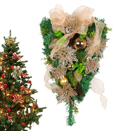 Weihnachtsgirlande für Haustür – Weihnachtsgirlande in Tropfenform mit Schleife, Weihnachtsgeschenk, künstlicher Tannenzapfen, Goldkugel, dekorative Anhänger für Zuhause, Treppen, Kamin