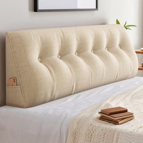 ShowyLive Rückenkissen Lesekissen Bett Keilkissen Großes für Bett und Sofa 2 in 1, Rückenlehne und Kopfkissen mit Seitenfach, Bezug Abnehmbarem und Waschbarem (100 * 50 * 20cm, Beige)