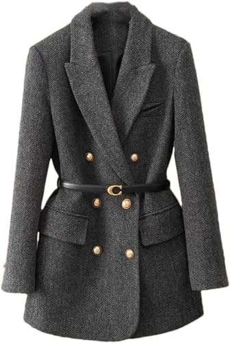 Yancremio Blazer Professionnel De Bureau Décontracté Rétro Élégant pour Femmes Printemps Et Automne Blazer Classique À Manches Longues À Double Boutonnage avec Ceinture (Gris Foncé,S)