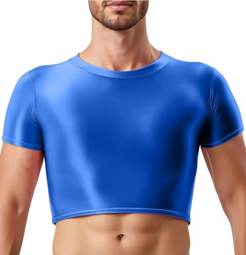 Men's Glossy Oil Half Top See Through Sheer Undershirt Transparent Solid Color Muscle T Shirt Short Sleeve Round Neck Crop Tops Party Nightwear Blue L