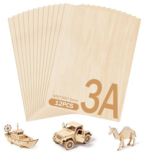 12 Piezas Lámina De Madera Contrachapada De 3 mm, Formato A3, Adecuada Para Manualidades, Carpintería, Corte Láser, Pirograbado, Modelismo, Regalos, Decoraciones Y Pintura(420 X 300 mm X 3 mm)