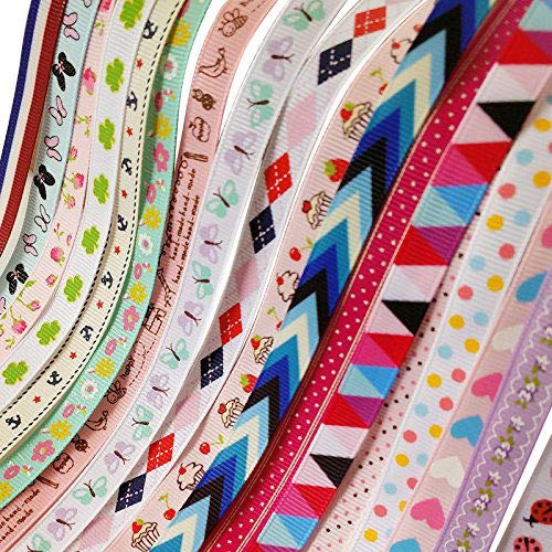 Chenkou Craft 20 Yards - Nastri in grosgrain in colori assortiti, motivo: cuore, fiore, pois, coccinella, uccello, ancora, farfalla, 10 mm