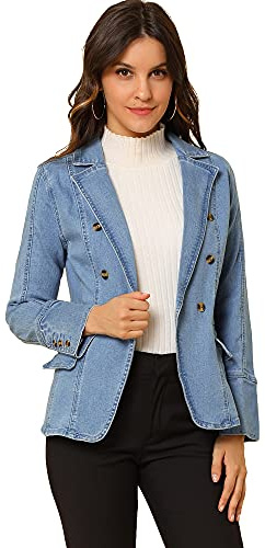 Allegra K Women's Jean Jacket Button Down Notched Lapel Long Sleeve Work Office Denim Blazer Jacket X-Large Baby Blue