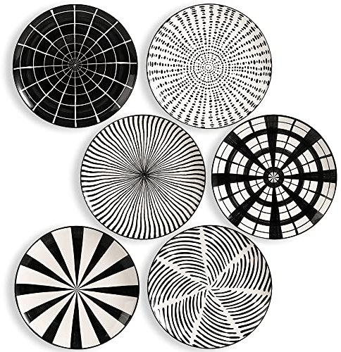 Platos Llanos Porcelana Plato Llano - Juego de Platos Planos de 6 - Platos negros y blanco Diseño Modernos- Set Platos Ceramica Grandes pour Cena | Cocina - Apto para Microondas y Lavavajillas
