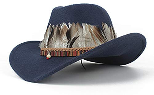 PONNYC Herren Damen Western Cowboy Hut mit Feder breiter Krempe Fascinator Hut Pop Sombrero Hut Winter Outdoor Kirche Jazz Hut (Farbe : Dunkelblau, Größe : 56-58)