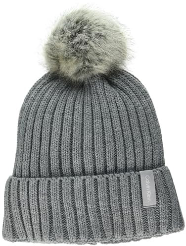 Calvin Klein Damen Faux Fur Pom Knit Cold Weather Super Soft Hat Beanie-Mütze, Heather Mid Grey, Einheitsgröße