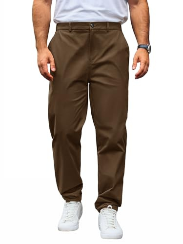 Runcati Chino byxor för män, normal passform, stretch, fritidsbyxor, enfärgade bomull, tygbyxor, långa, lätta arbetsbyxor med elastisk midja, BRUN, M