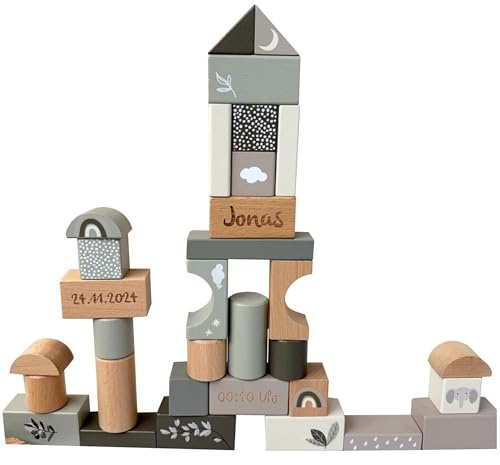 Label Label - Blocchi da costruzione in legno, 50 pezzi, colore verde oliva, giocattolo in legno personalizzato con nome, Montessori, impilabili e ad incastro, regalo per battesimo, nascita o
